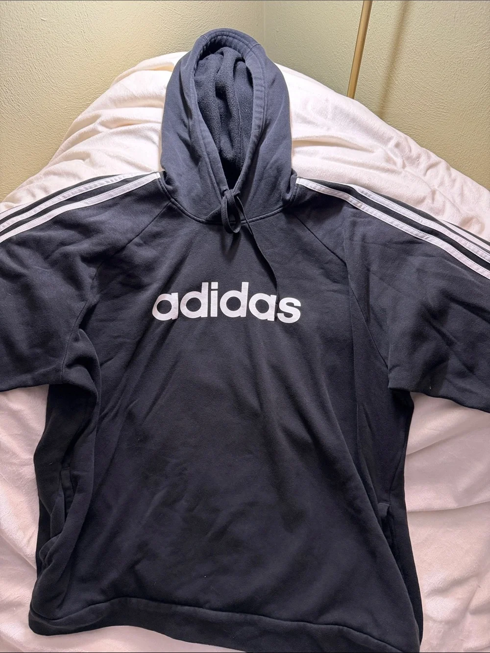 adidas Navy Hoodie with White Logo and Shoulder Stripes